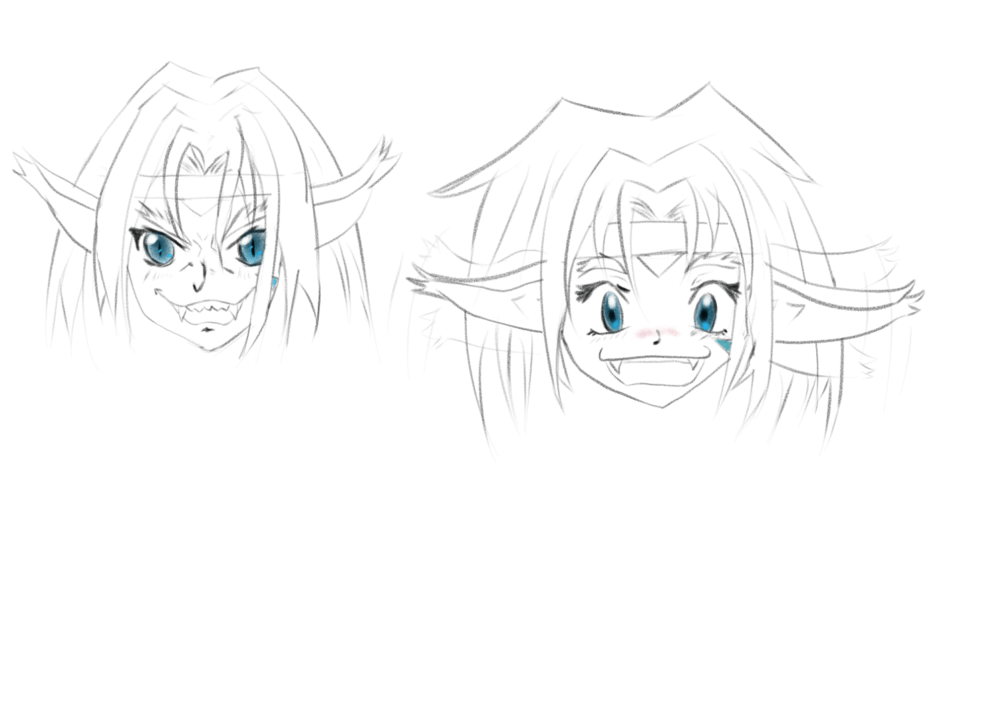 expression practice featuring an angy aisha and a very excited one doing ear wiggles. her eyes are highlighted in each