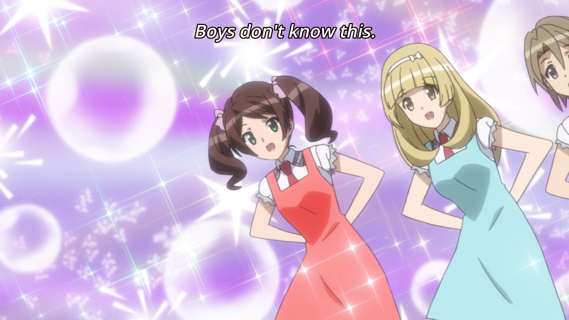 "Boys don't know" screenshot from Symphogear GX from the beef stroganoff song