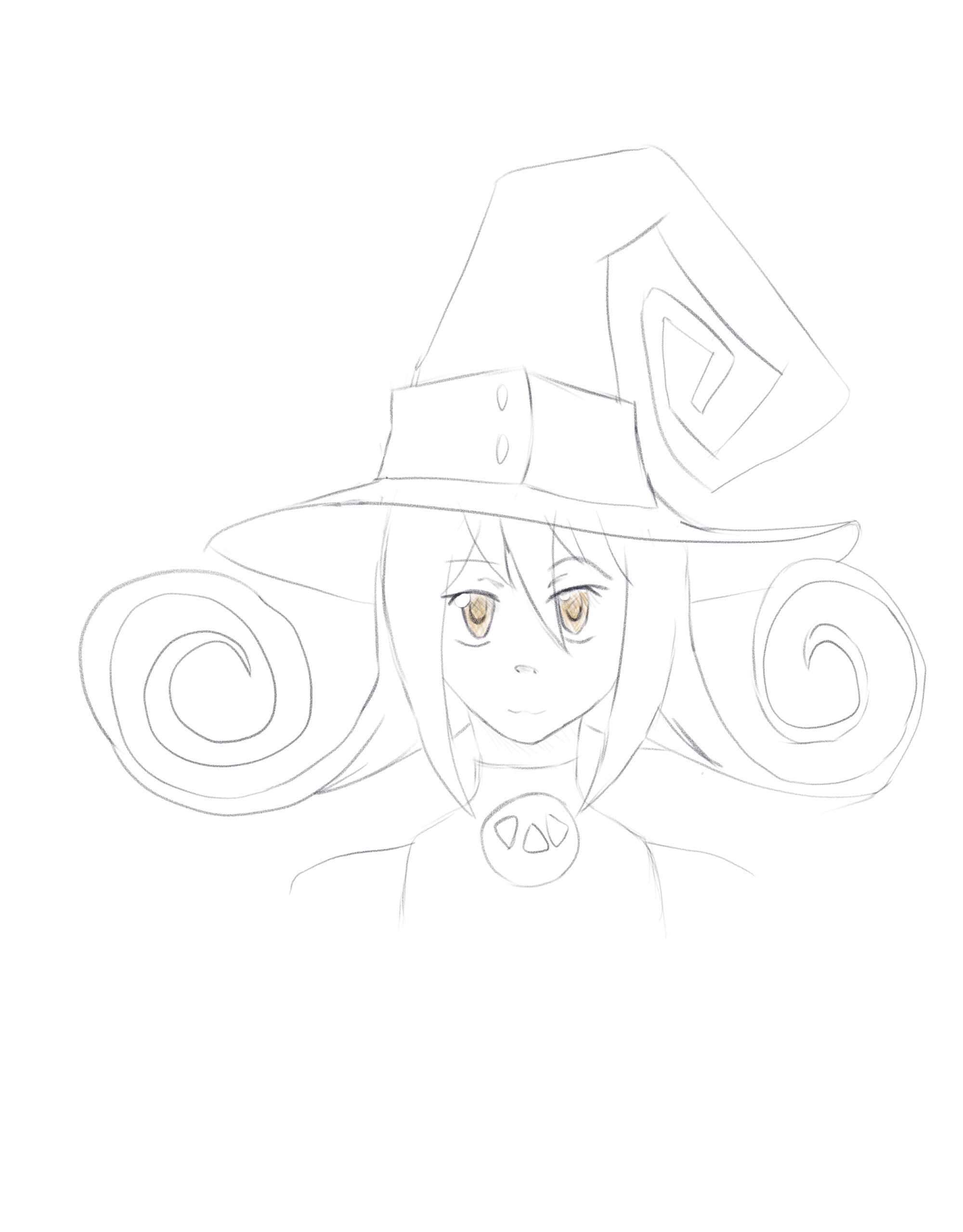 sketch of blair from soul eater, the eyes are highlighted in gold