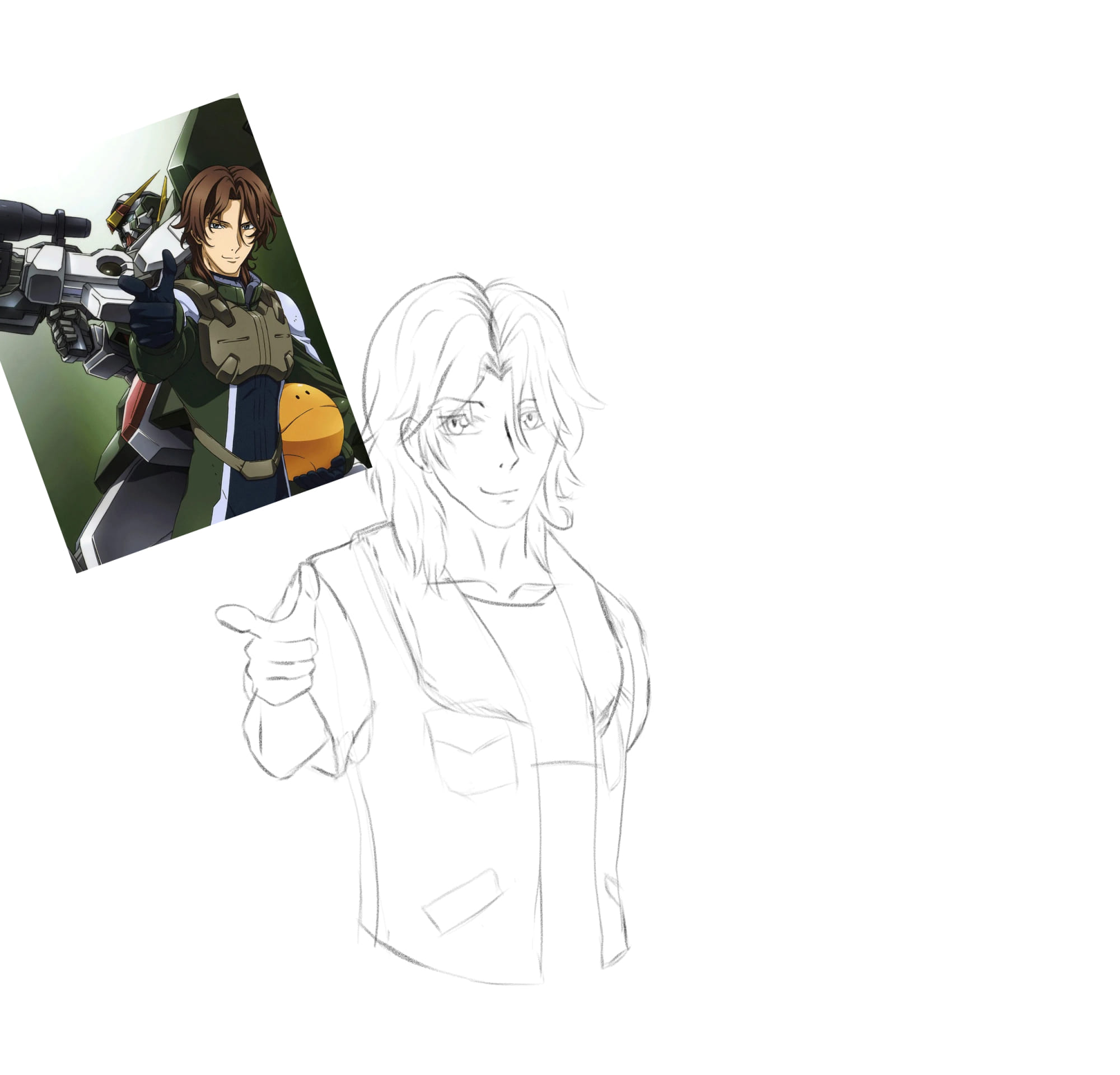 a sketch of lockon stratos doing fingerguns at the camera