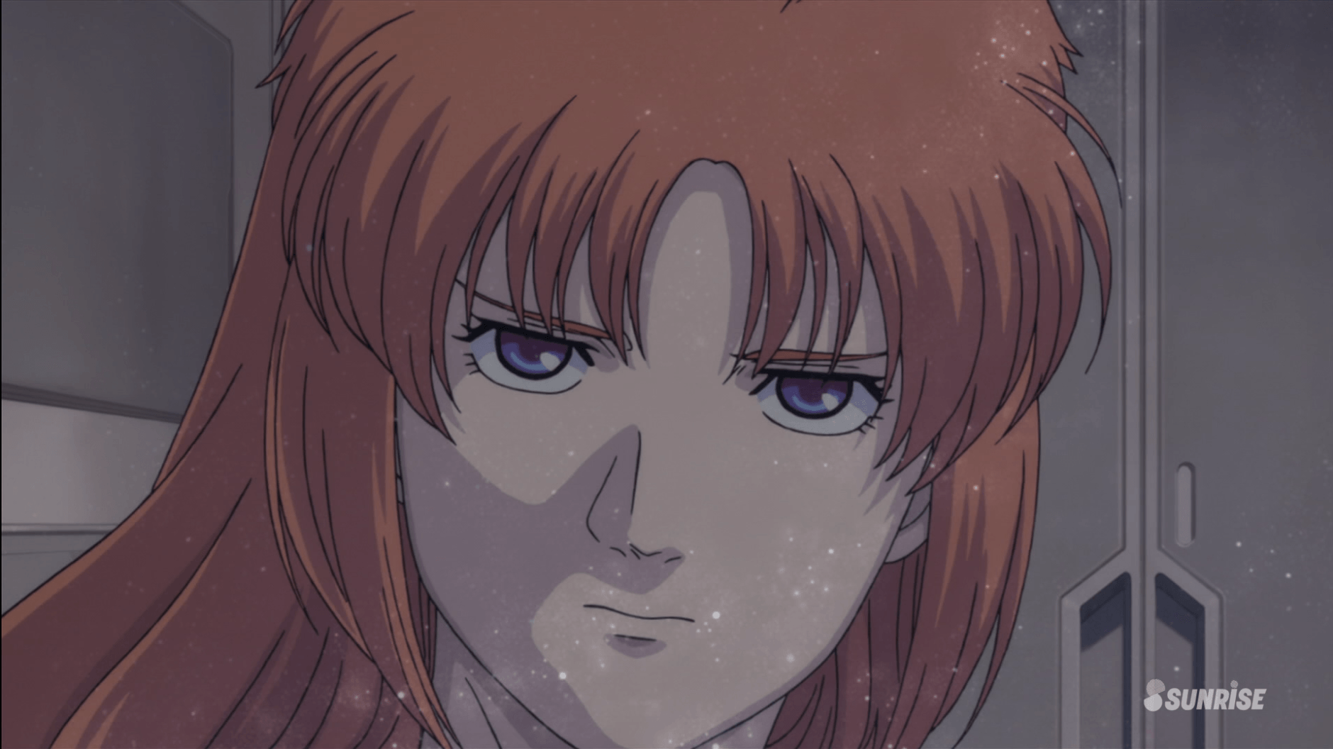 a screenshot of Marida from gundam unicorn staring at Banagher with a look that says "stop fucking around", its an inbetween frame, so there's starry effect from the next scene